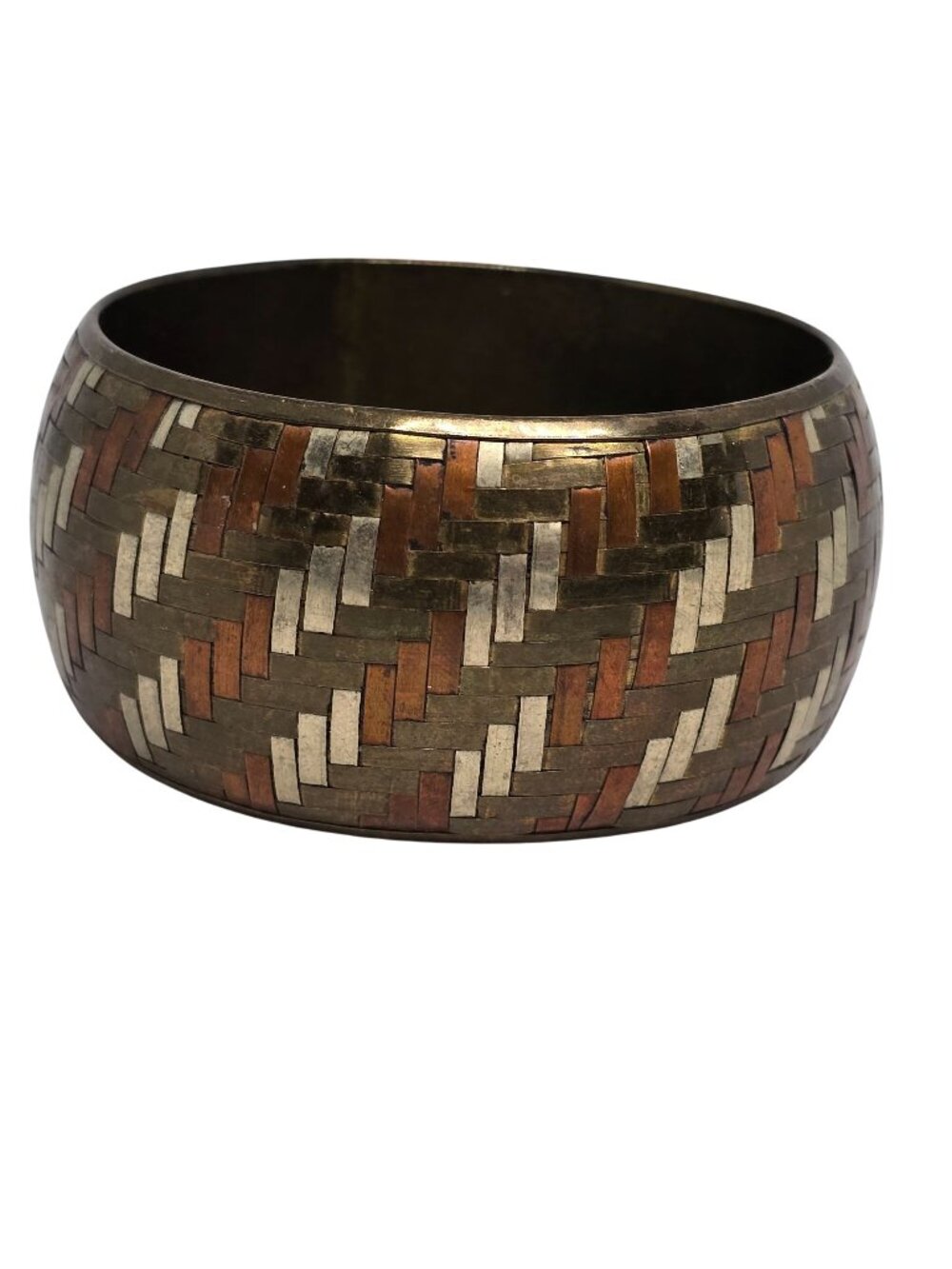 Vtg Mixed Metal Inlay Wide Bangle Bracelet Copper Brass Silver Tone Woven Patter
